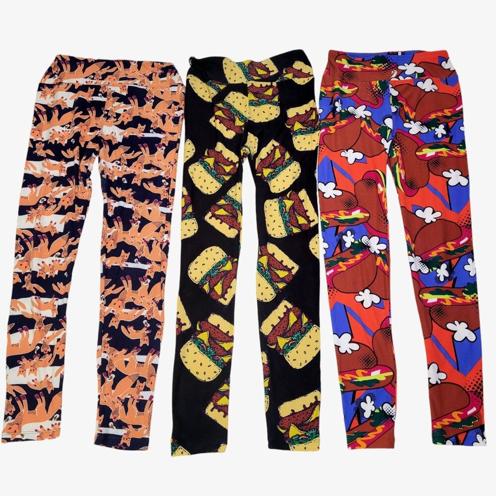 LuLaRoe Women's Leggings Bundle - 3 Pairs Fox, Hamburger & Hotdog Small SOFT